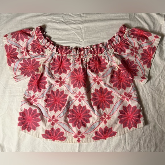 Anthropologie Maeve Pink and White Embroidered Off the Shoulder Top Medium - Picture 4 of 10